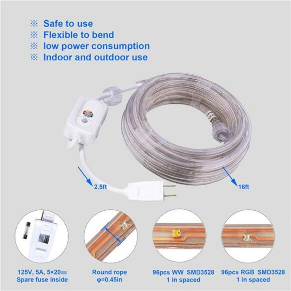16ft RGB LED rope lights waterproof color changing indoor outdoor remote control - Picture 4 of 7